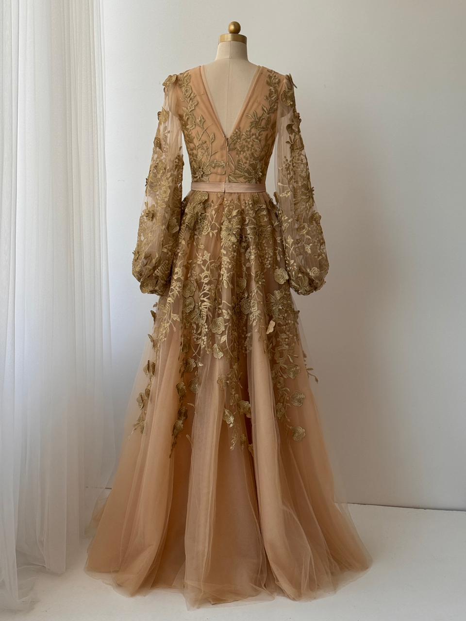 Vanilla A-Line gown with long sleeves, embroidery and v-neck