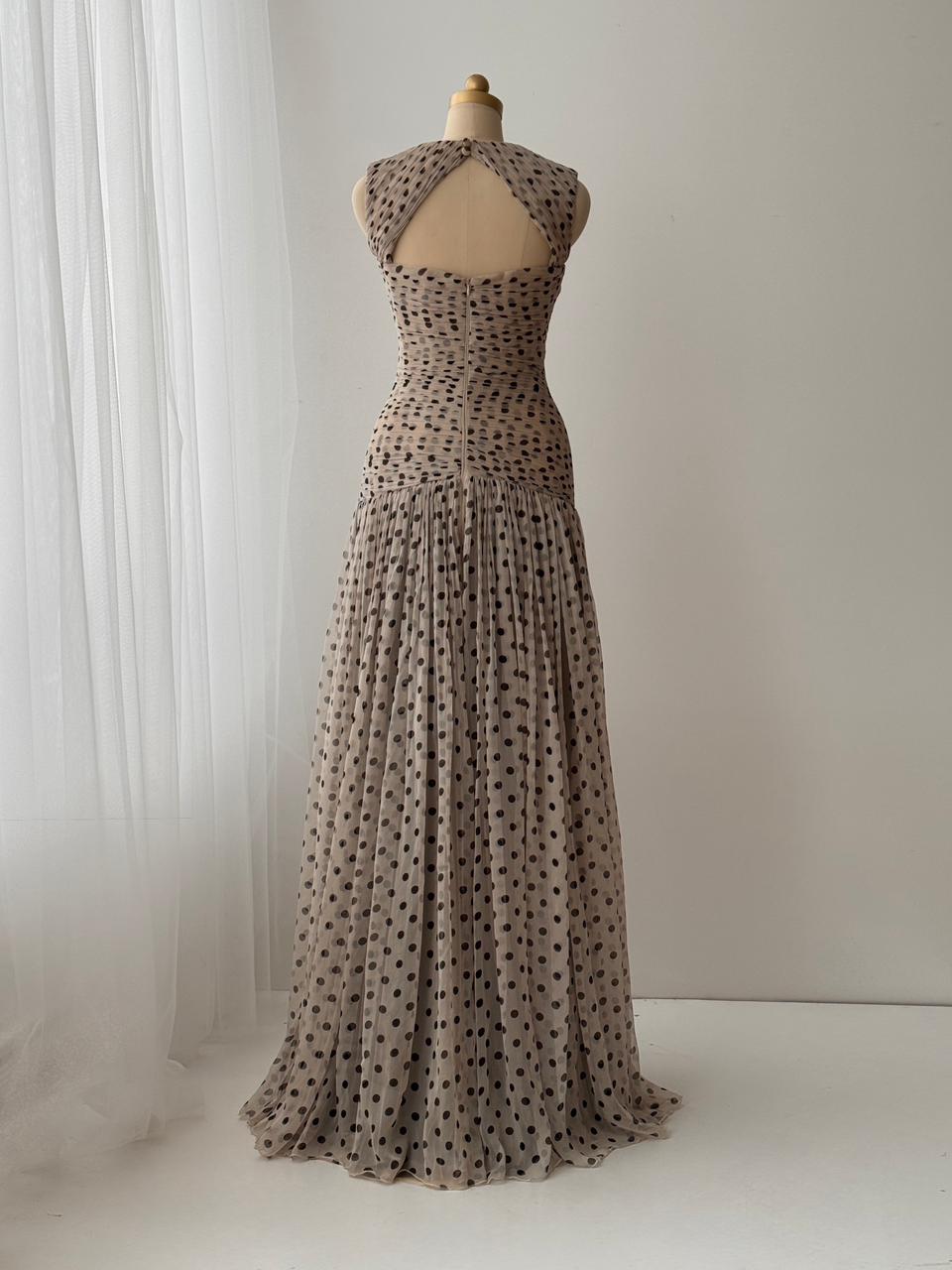Beige gown with straps, polka dotted tulle fabric and embroidered front bow