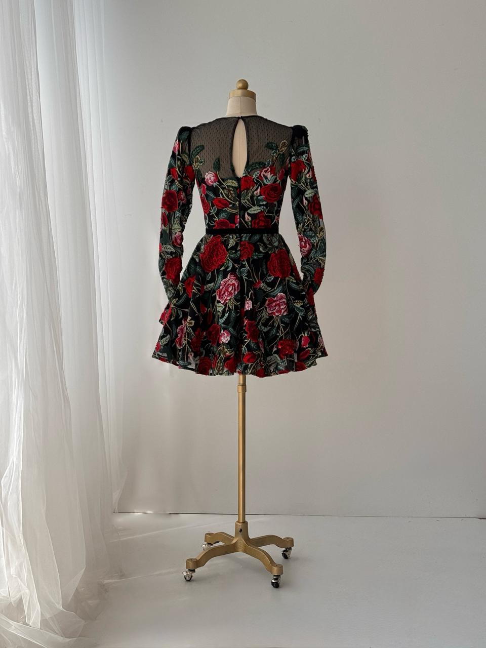 floral mini dress with embroidery and long sleeves