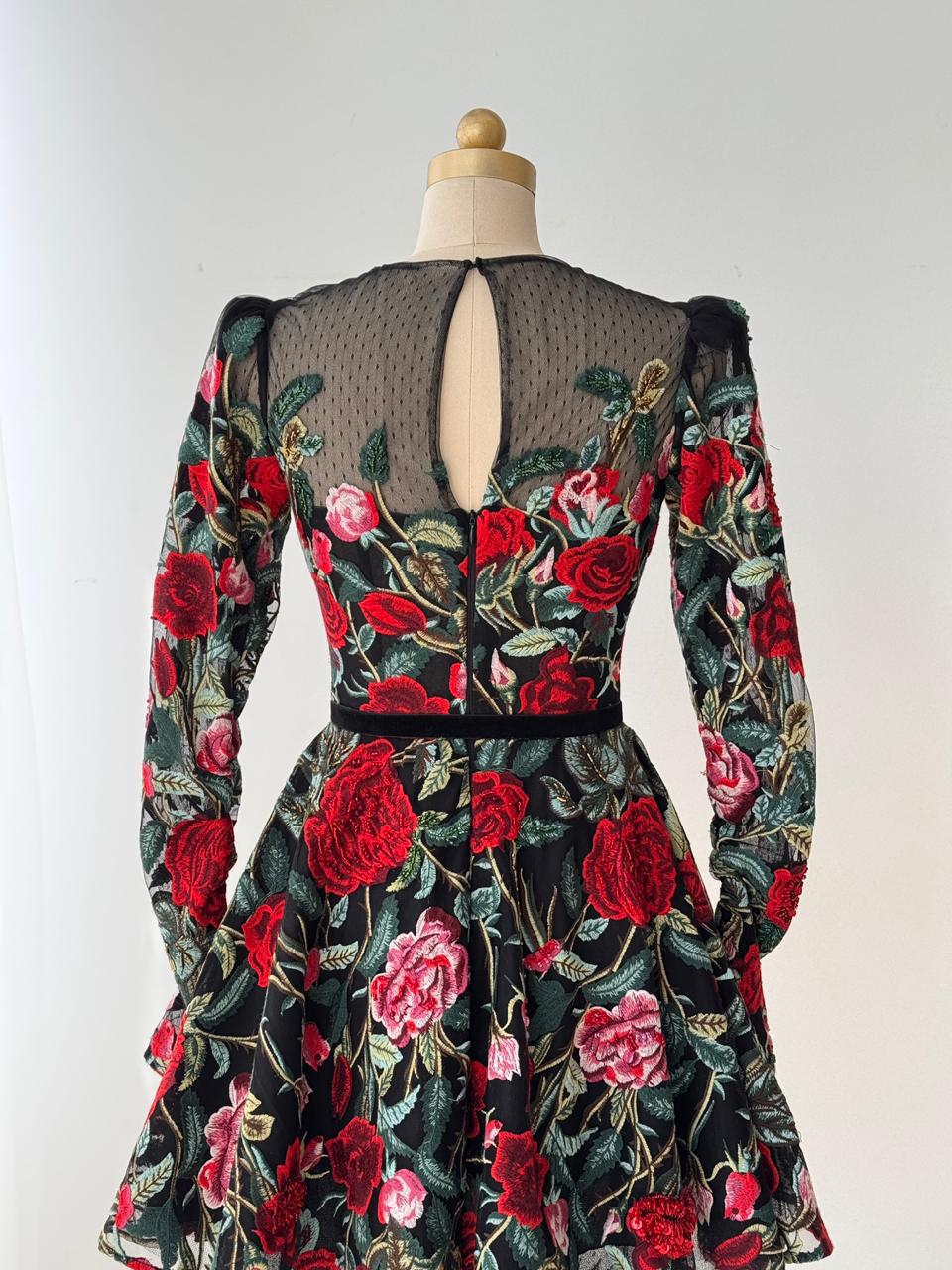 floral mini dress with embroidery and long sleeves