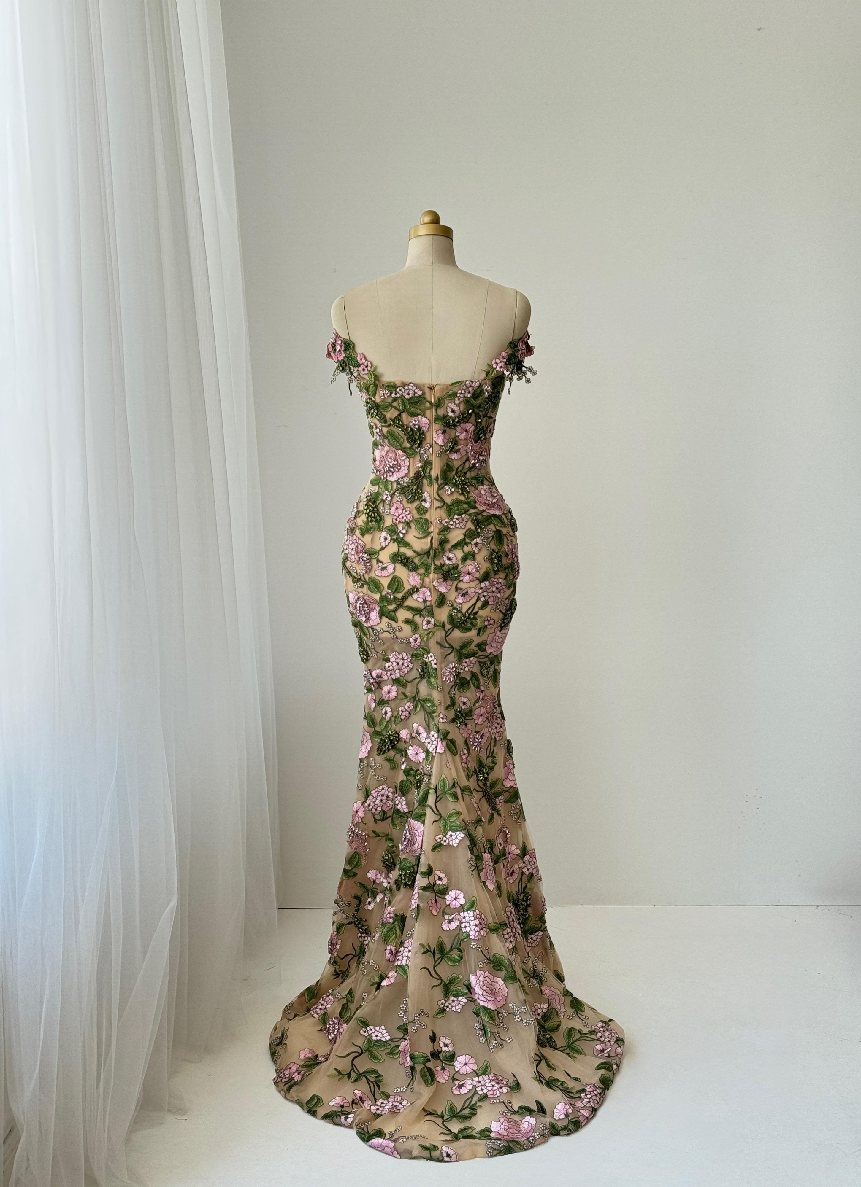 Colorful mermaid gown with embroidery, sequins and off the shoulder straps