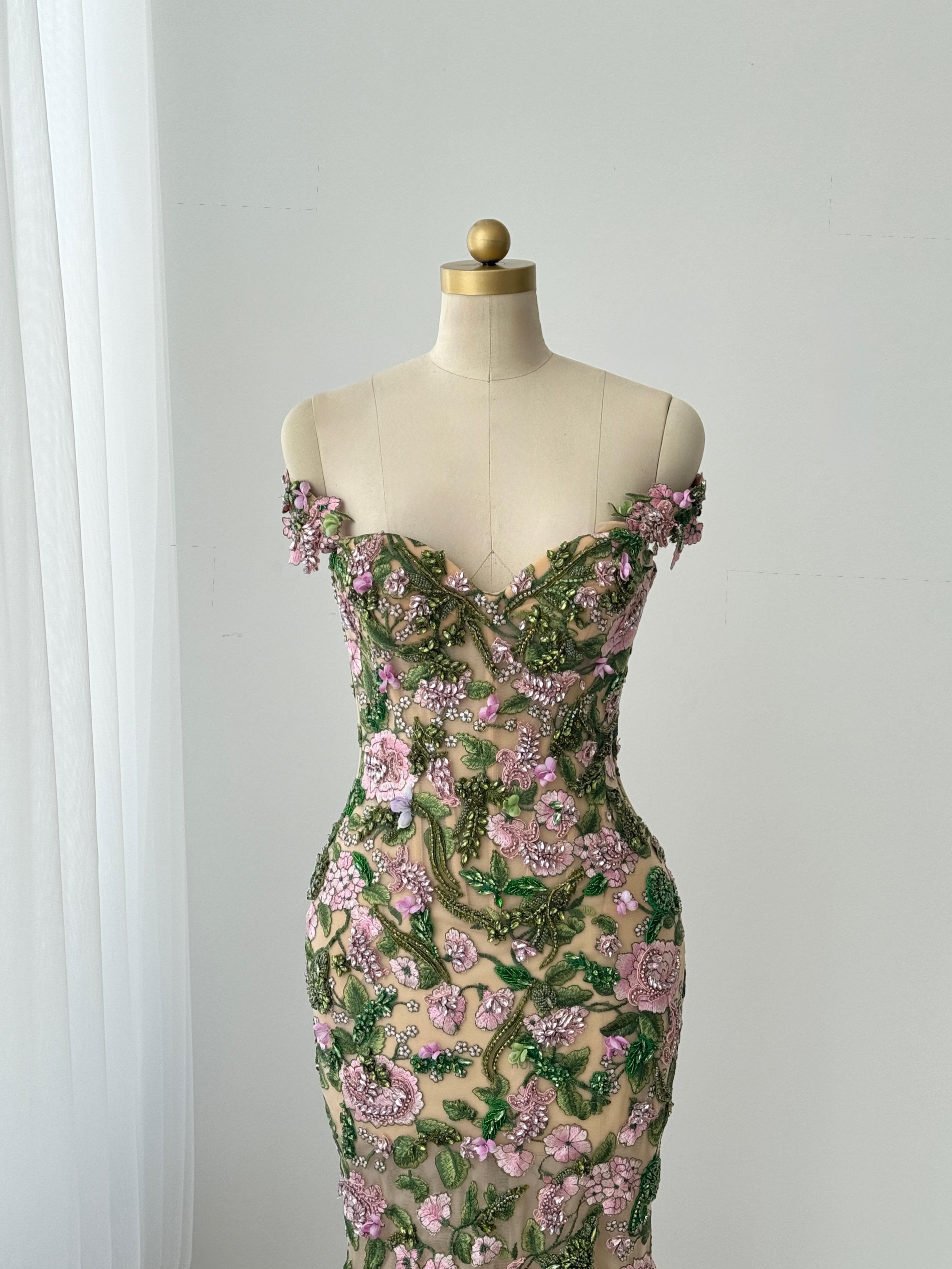 Colorful mermaid gown with embroidery, sequins and off the shoulder straps