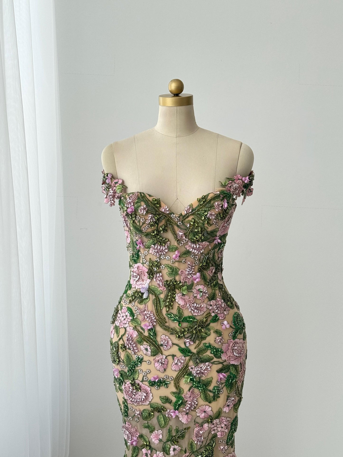 Colorful mermaid gown with embroidery, sequins and off the shoulder straps