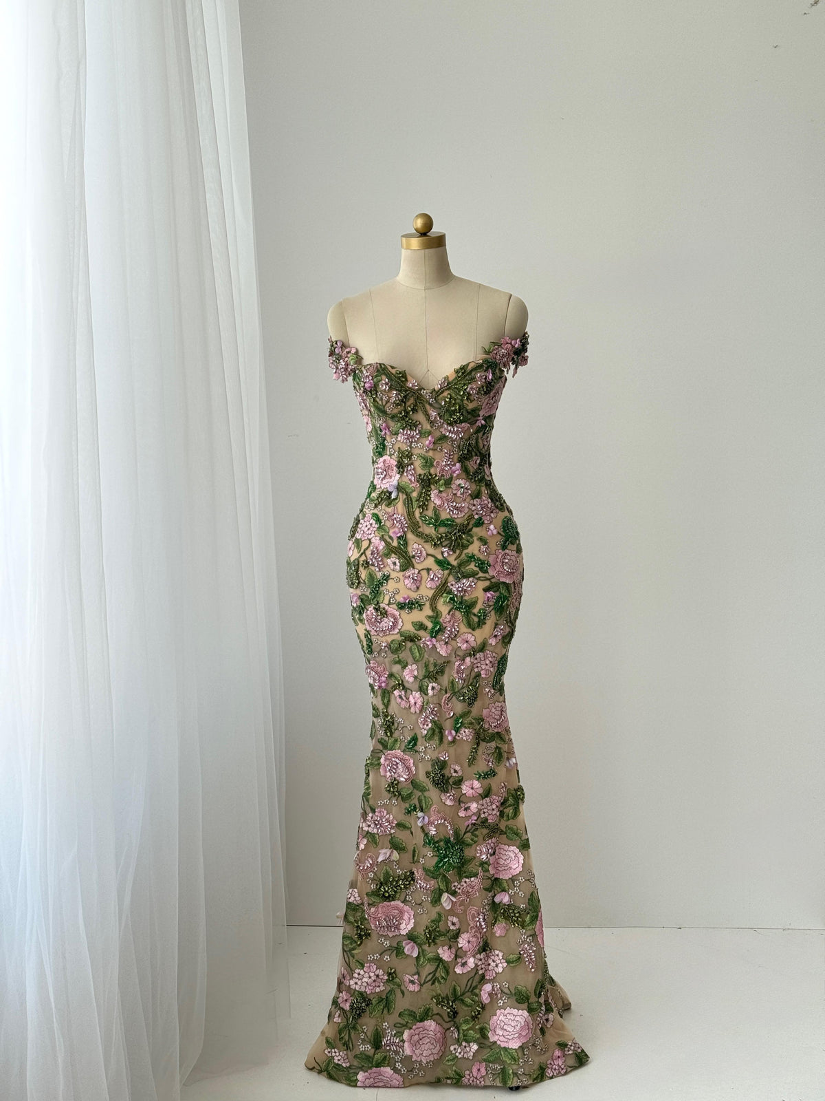 Colorful mermaid gown with embroidery, sequins and off the shoulder straps