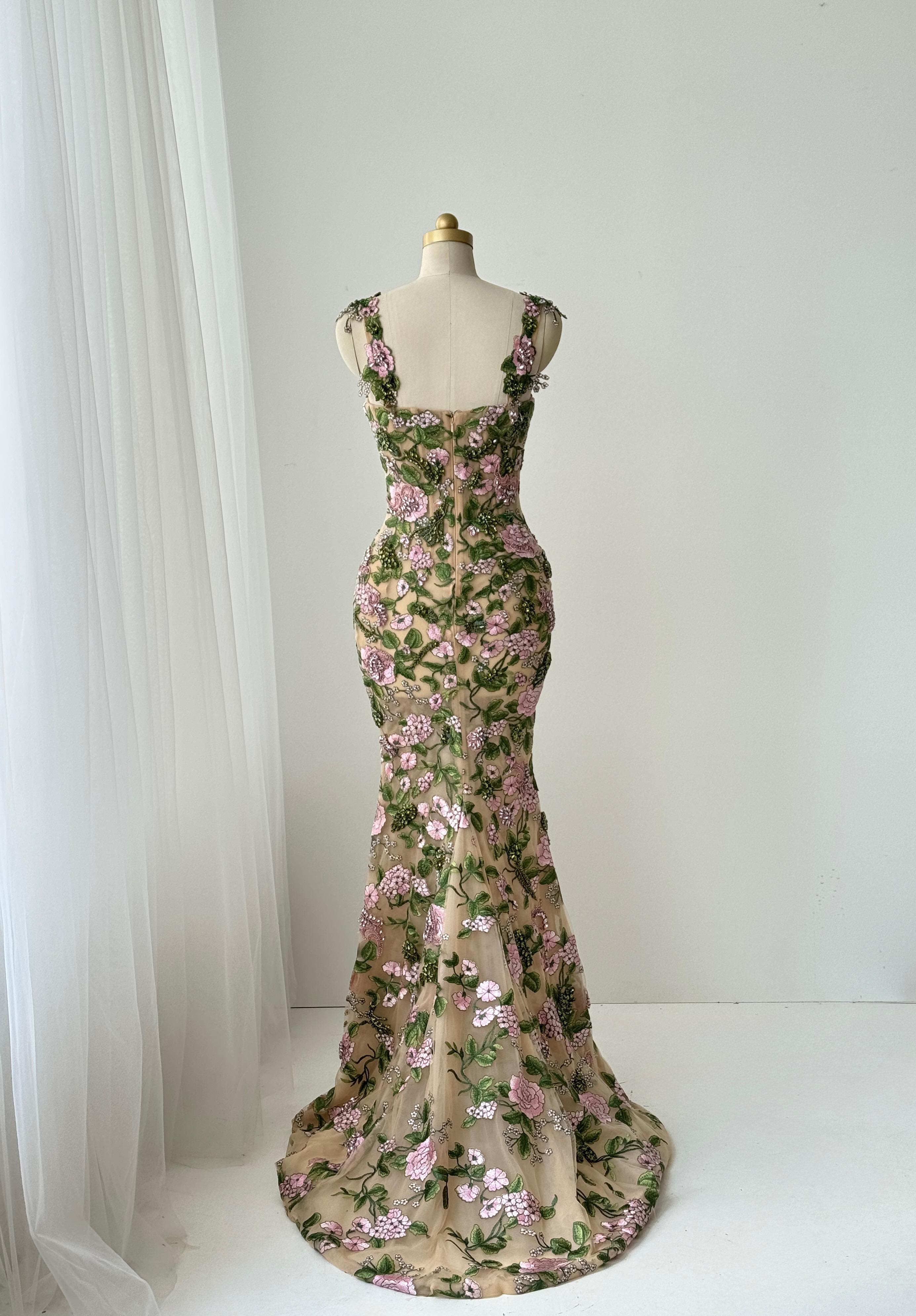 Colorful mermaid gown with embroidery, sequins and on the shoulder straps