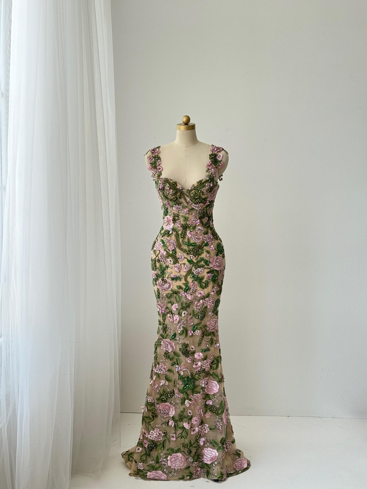 Colorful mermaid gown with embroidery, sequins and straps