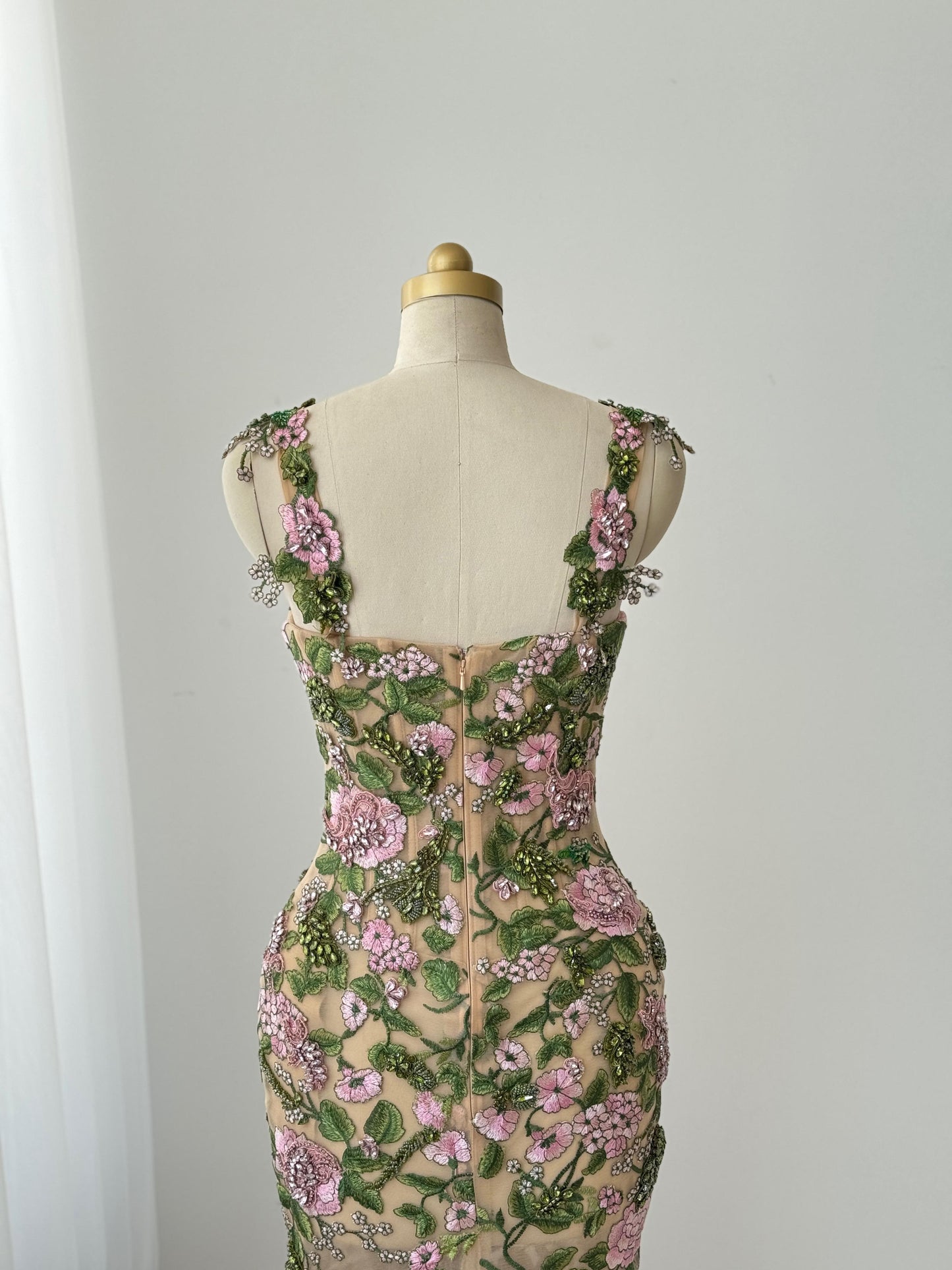 Colorful mermaid gown with embroidery, sequins and on the shoulder straps