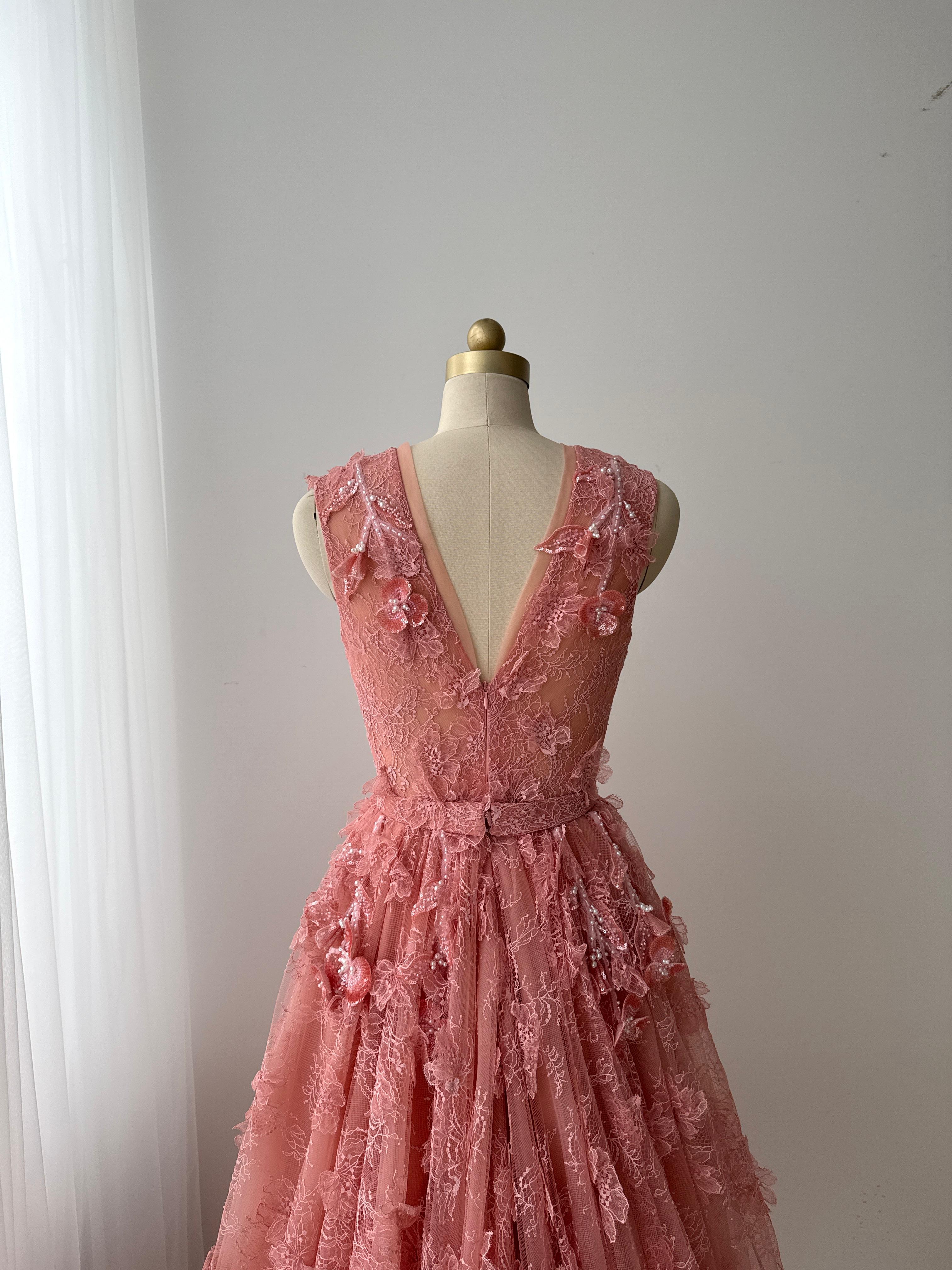 Pink A-Line gown with v-neck, embroidery and no sleeves