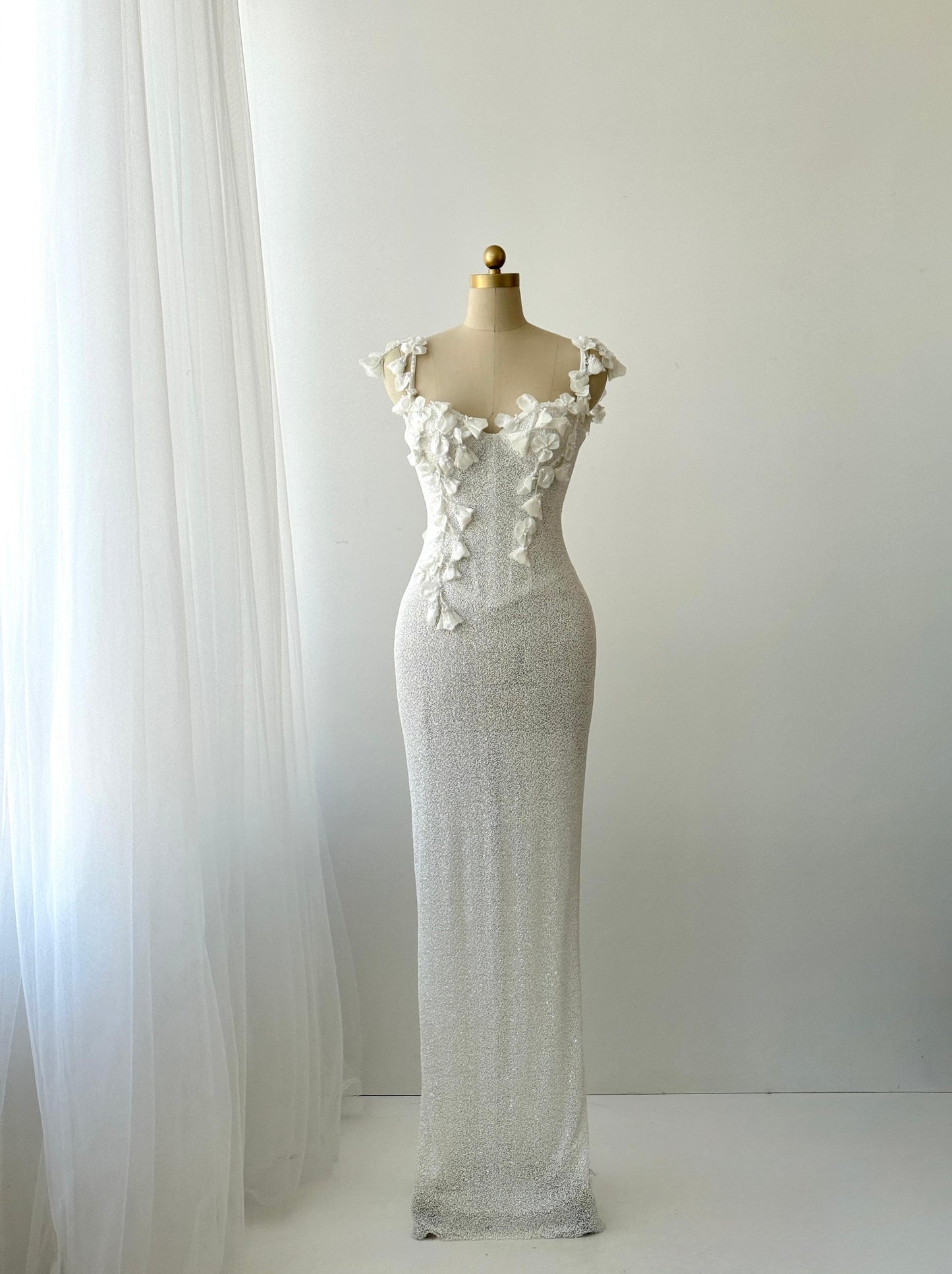 White Mermaid bridal gown with spaghetti straps and embroidery
