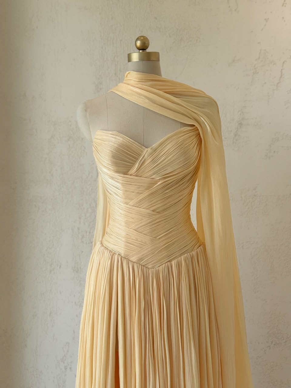 Yellow A-Line gown with draped fabric, cape and no sleeves