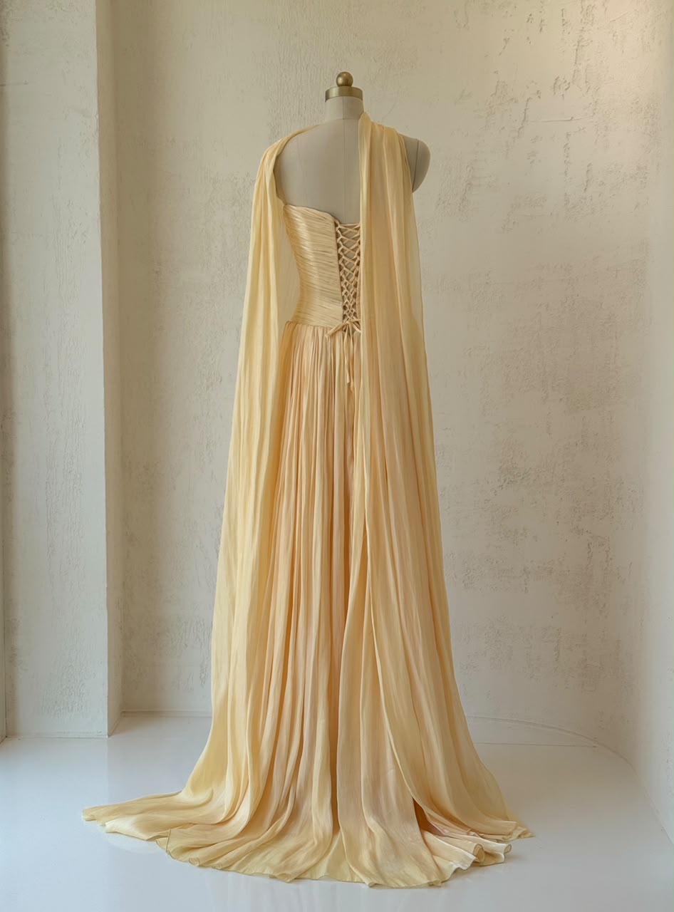 Yellow A-Line gown with draped fabric, cape and no sleeves
