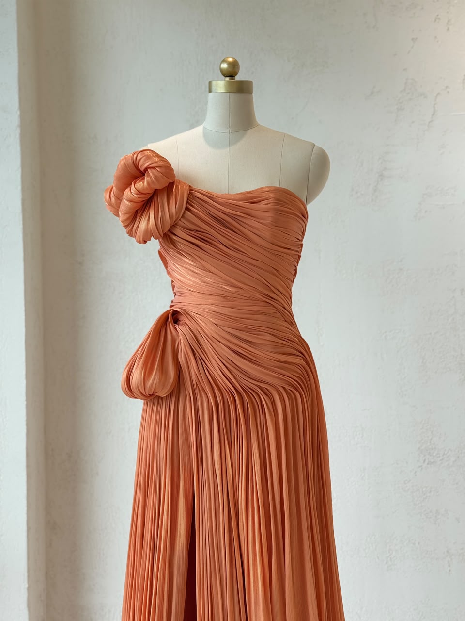 Orange A-Line gown with embroider, draped fabric and no sleeves