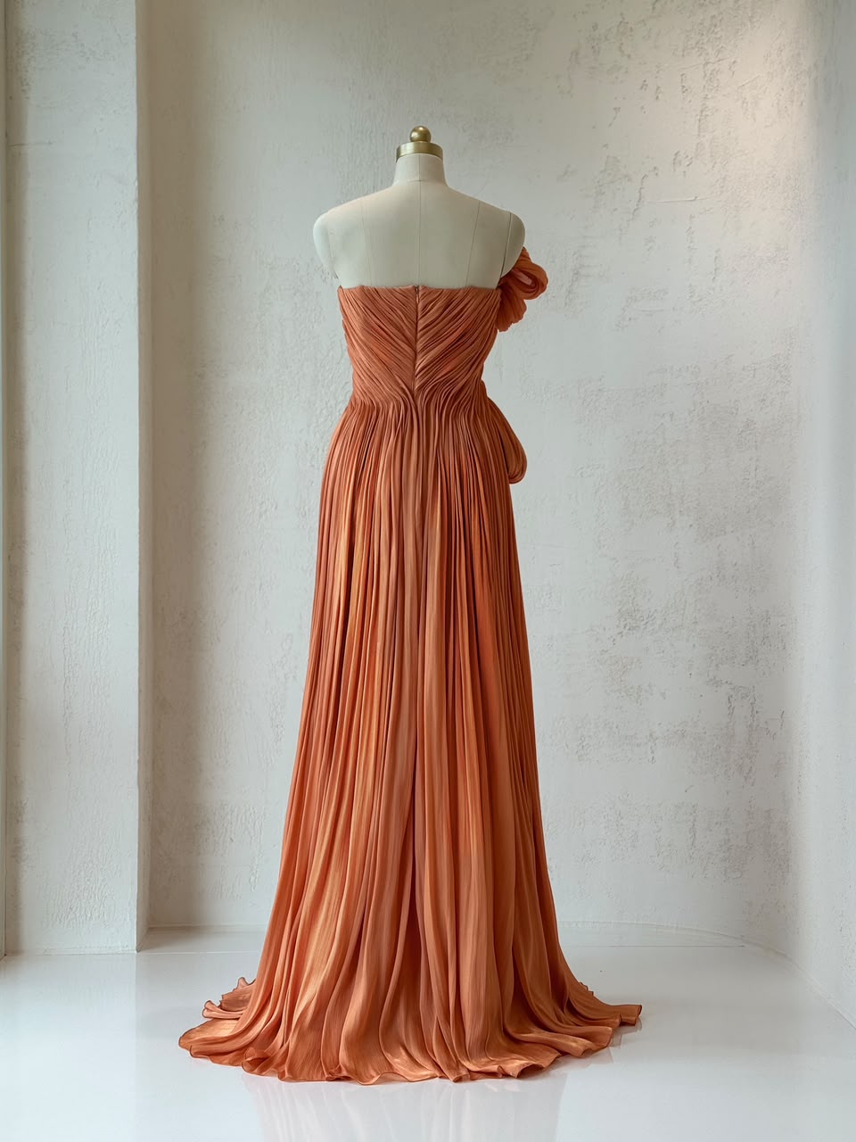 Orange A-Line gown with embroider, draped fabric and no sleeves