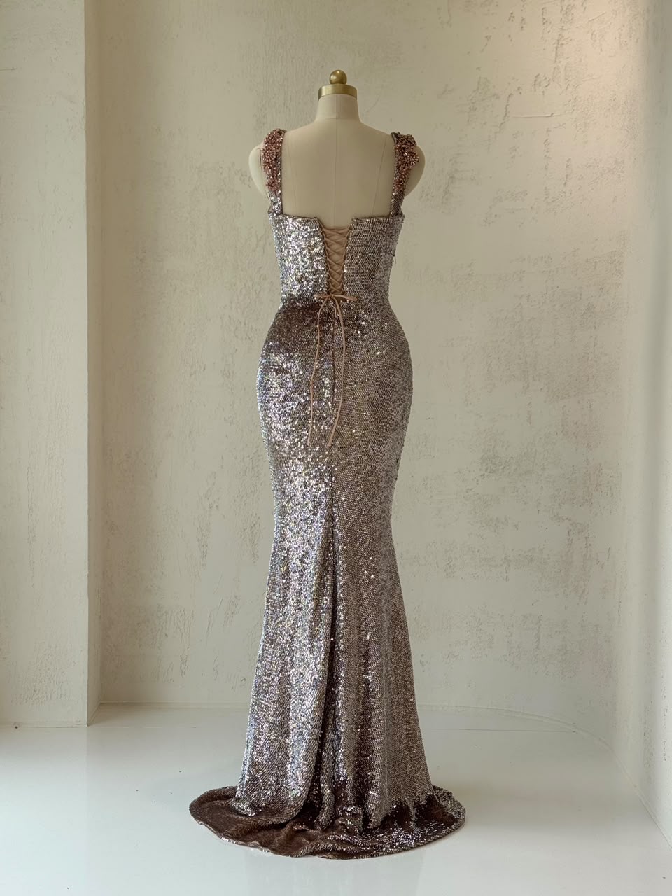 Rose gold mermaid gown with fringes, sequins, straps and embroidery