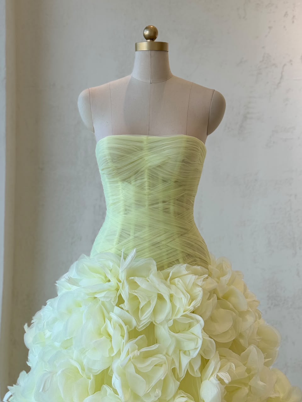 Yellow A-Line gown with tulle, embroidered flowers and no sleeves