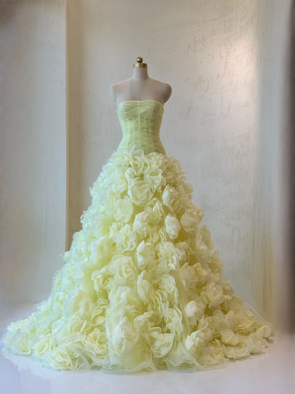 Yellow A-Line gown with tulle, embroidered flowers and no sleeves