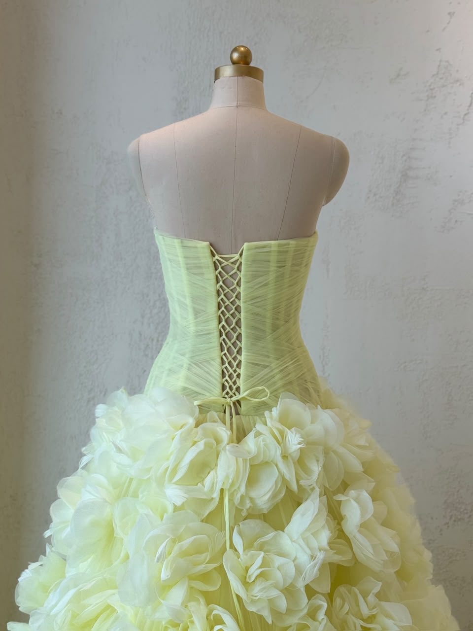 Yellow A-Line gown with tulle, embroidered flowers and no sleeves