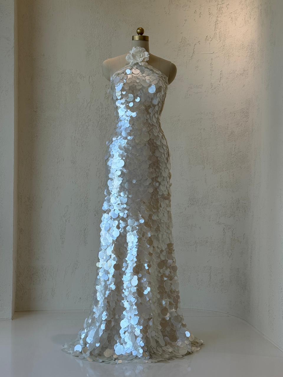 White bridal mermaid gown with sequins, embroidery and no sleeves