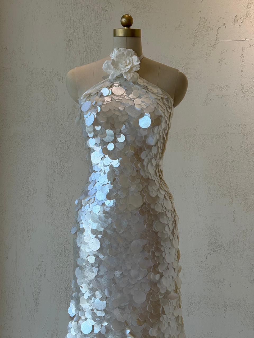 White bridal mermaid gown with sequins, embroidery and no sleeves