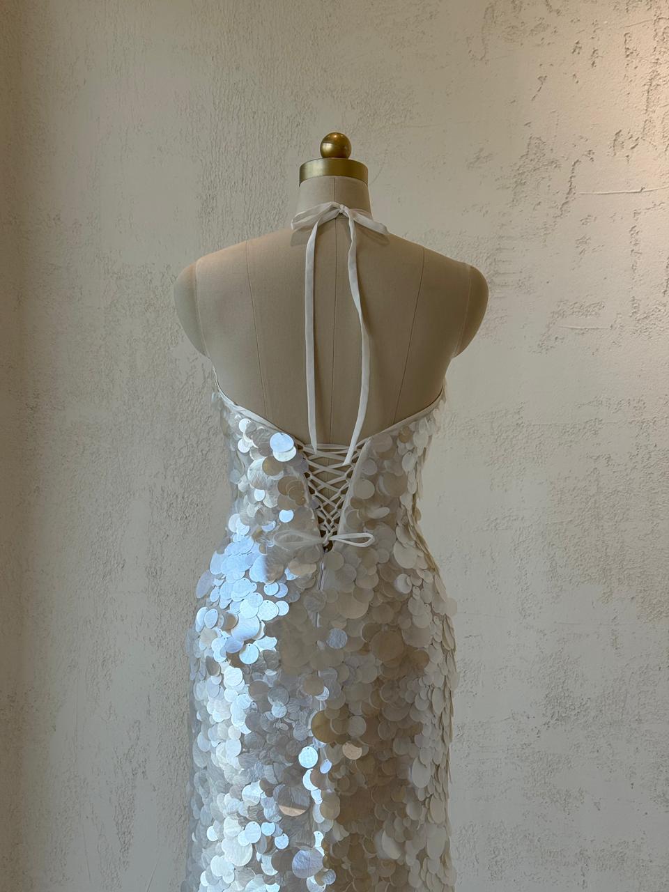 White bridal mermaid gown with sequins, embroidery and no sleeves