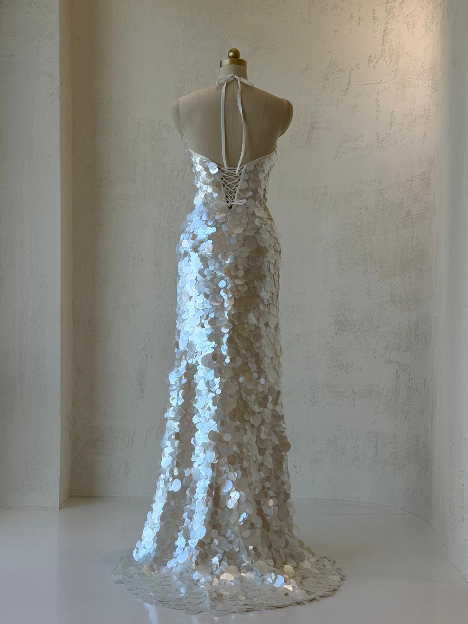 White bridal mermaid gown with sequins, embroidery and no sleeves