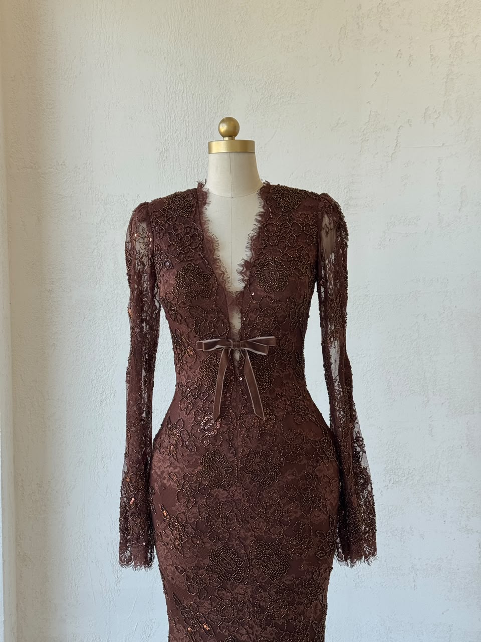Brown mermaid gown with v-neck, long sleeves. lace and embroidery