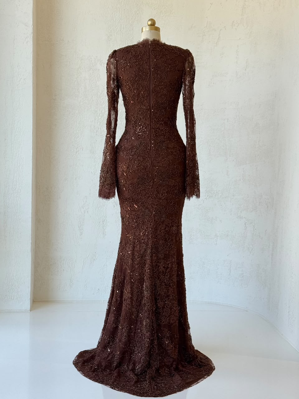 Brown mermaid gown with v-neck, long sleeves. lace and embroidery
