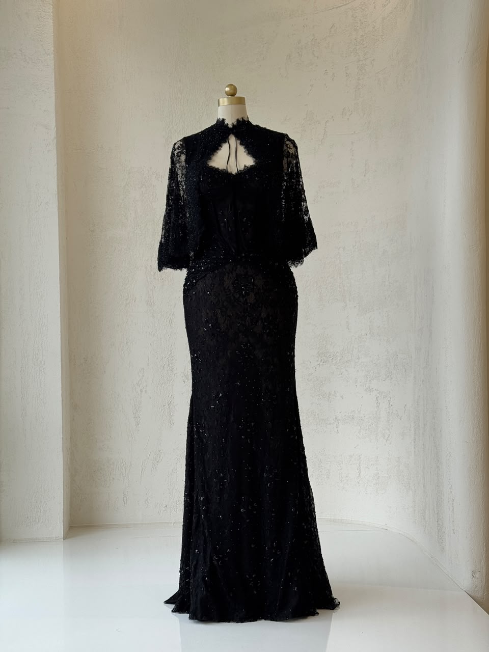Black mermaid gown with bolero, lace and embroidery