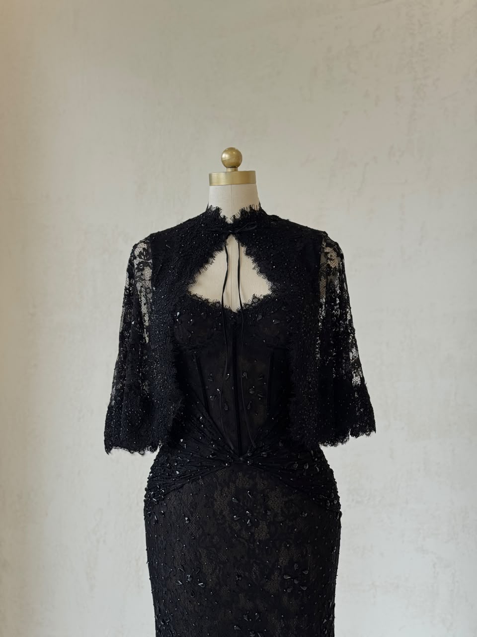 Black mermaid gown with bolero, lace and embroidery