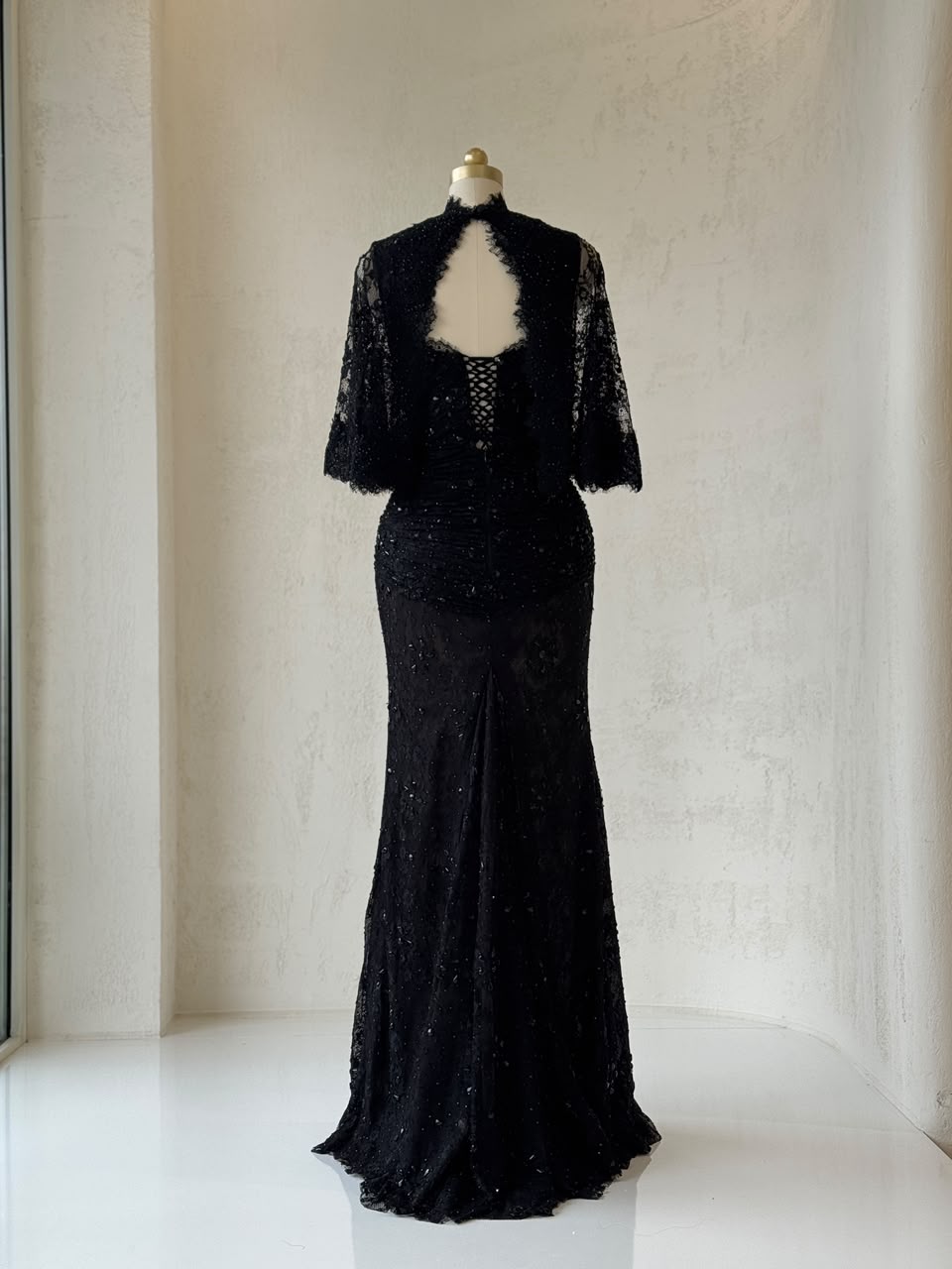 Black mermaid gown with bolero, lace and embroidery