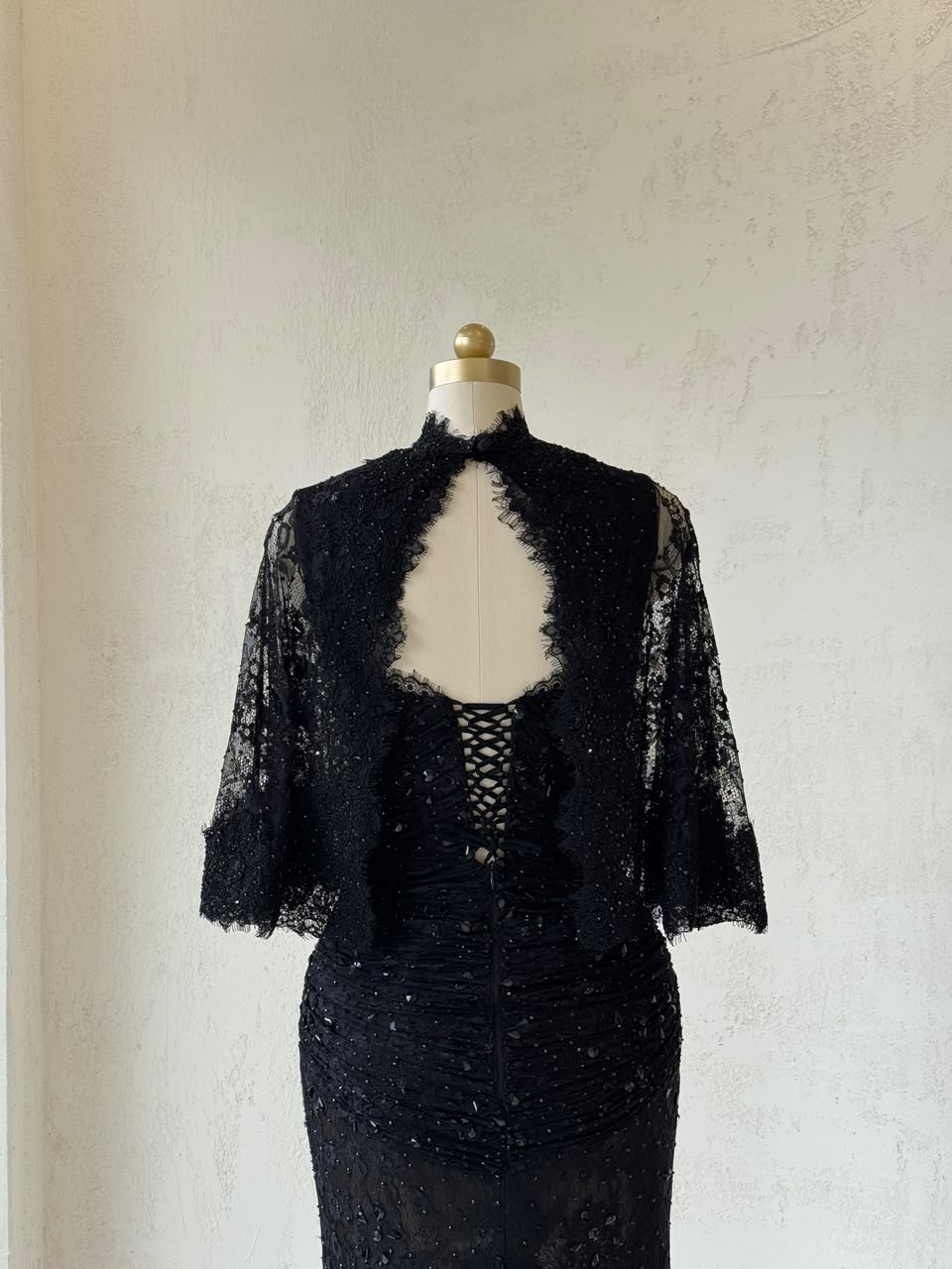 Black mermaid gown with bolero, lace and embroidery