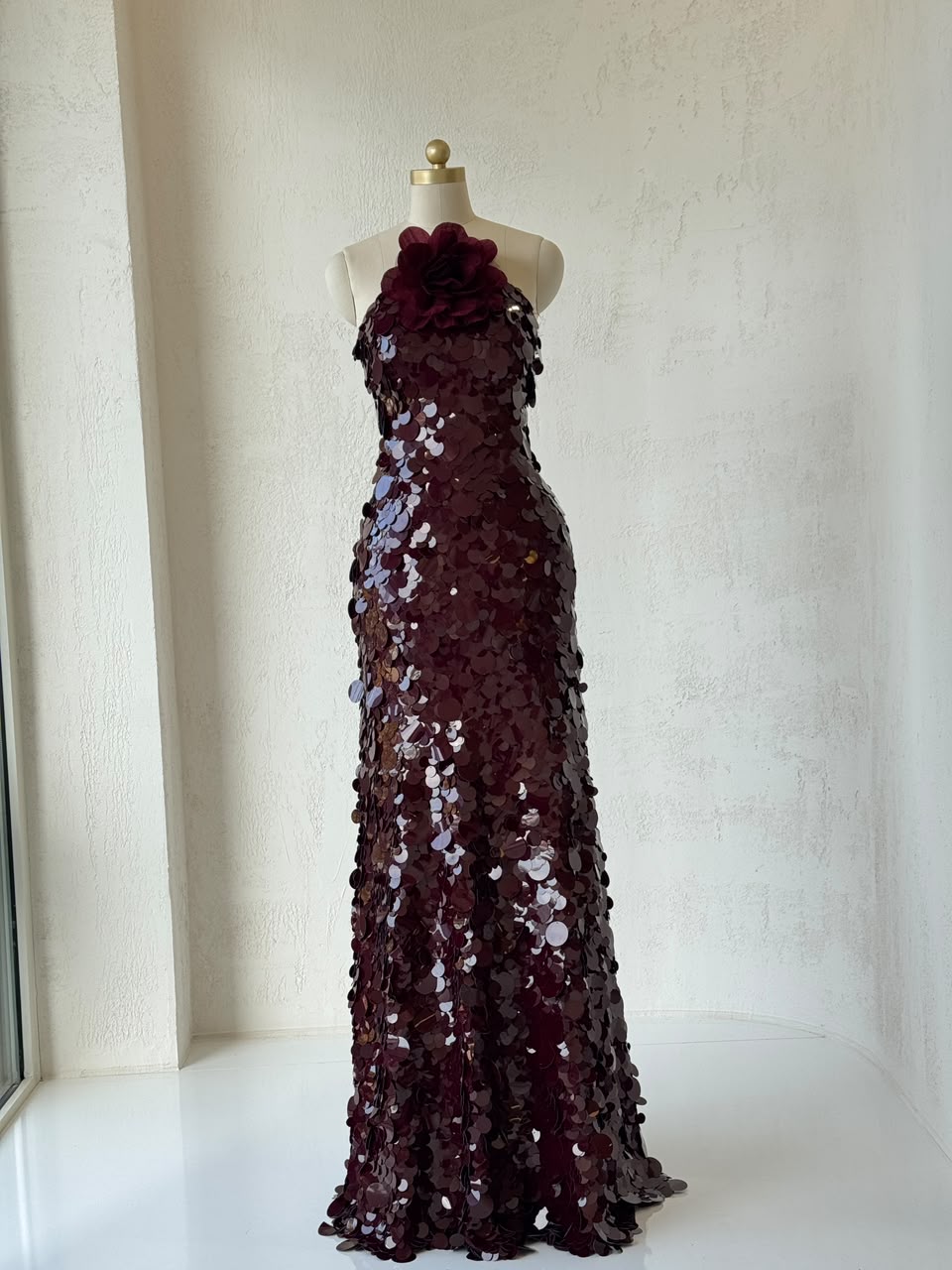 Red mermaid gown with sequins, embroidery and no sleeves