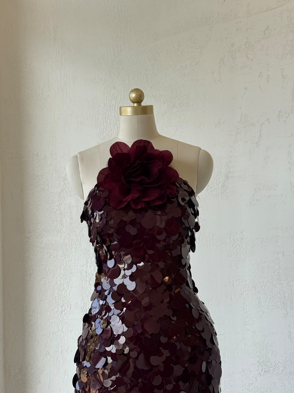 Red mermaid gown with sequins, embroidery and no sleeves