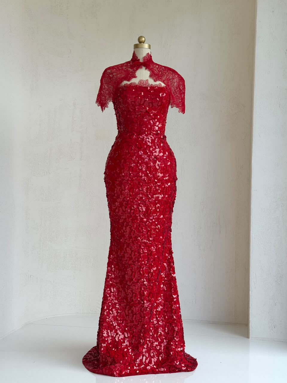 Red mermaid gown with bolero, lace, embroidery and lace