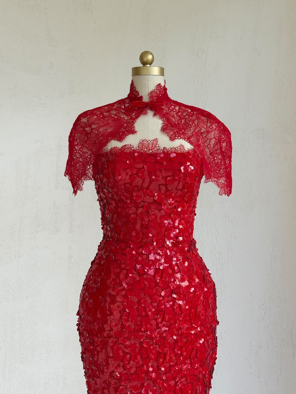 Red mermaid gown with bolero, lace, embroidery and lace