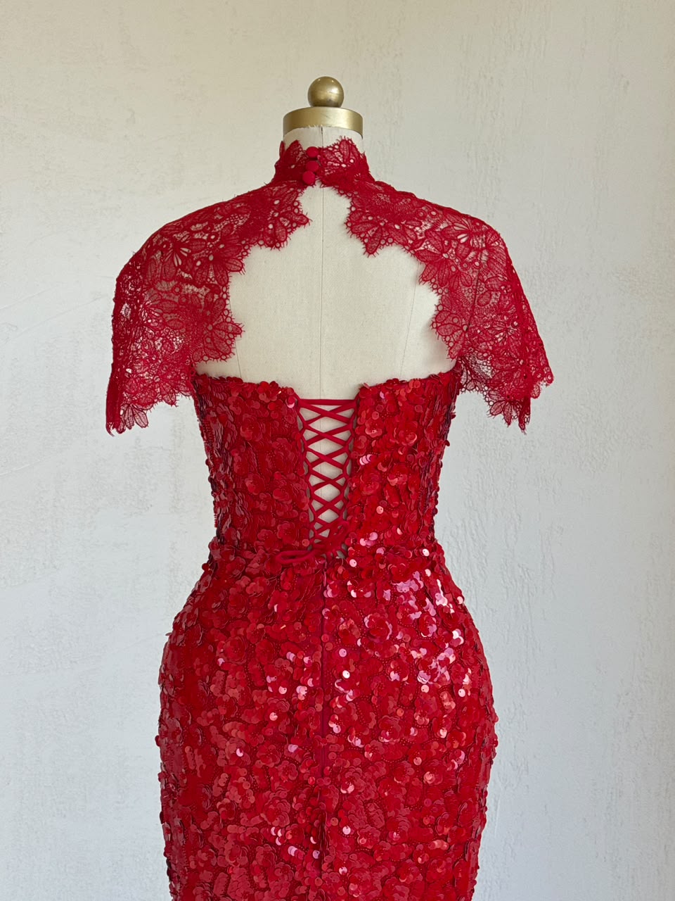 Red mermaid gown with bolero, lace, embroidery and lace