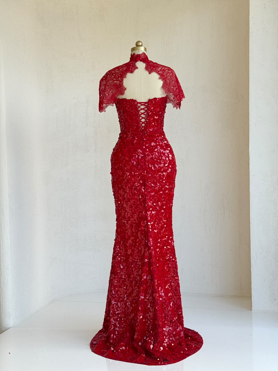 Red mermaid gown with bolero, lace, embroidery and lace