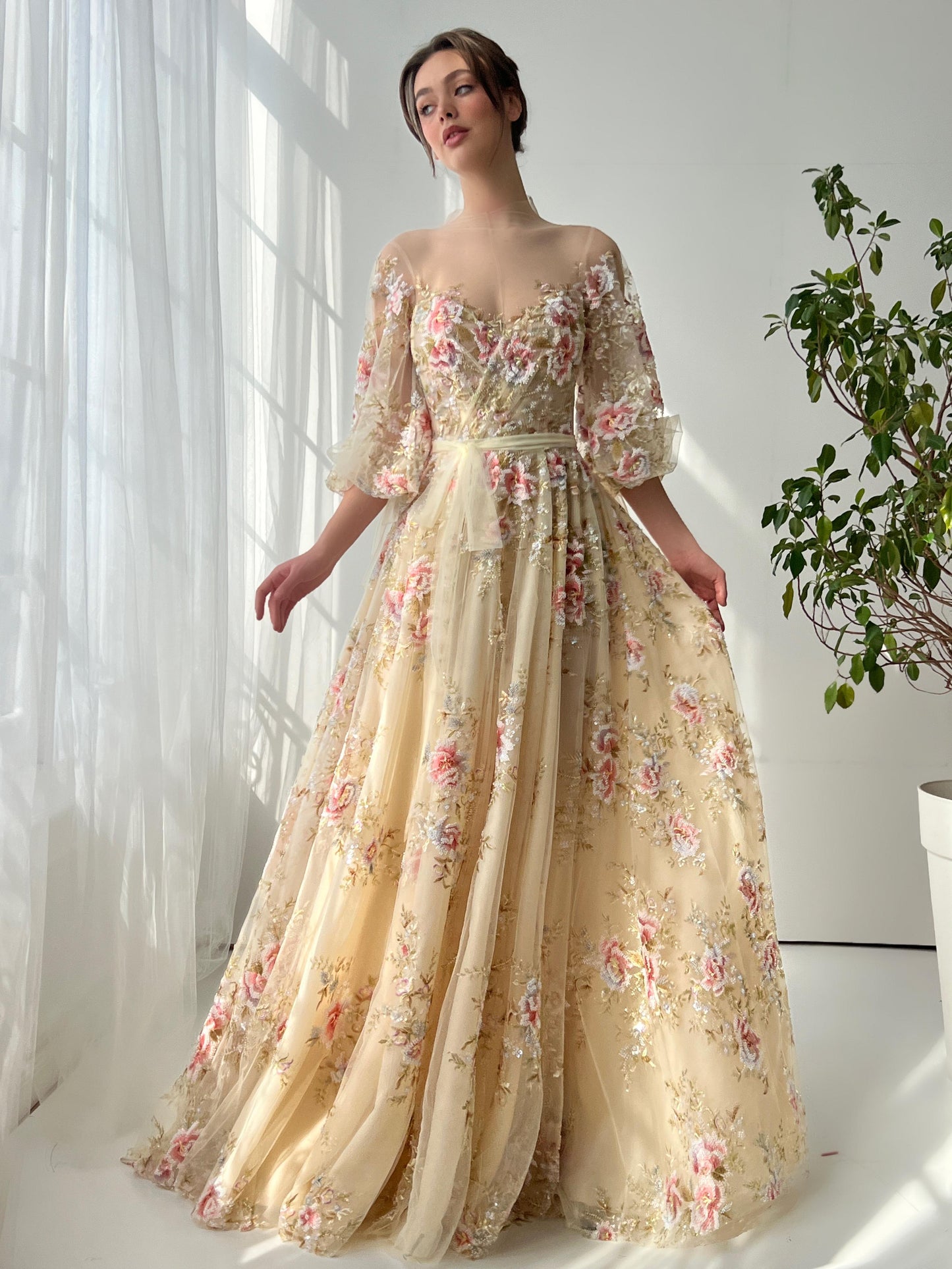 Beige A-Line dress with long sleeves and embroidery