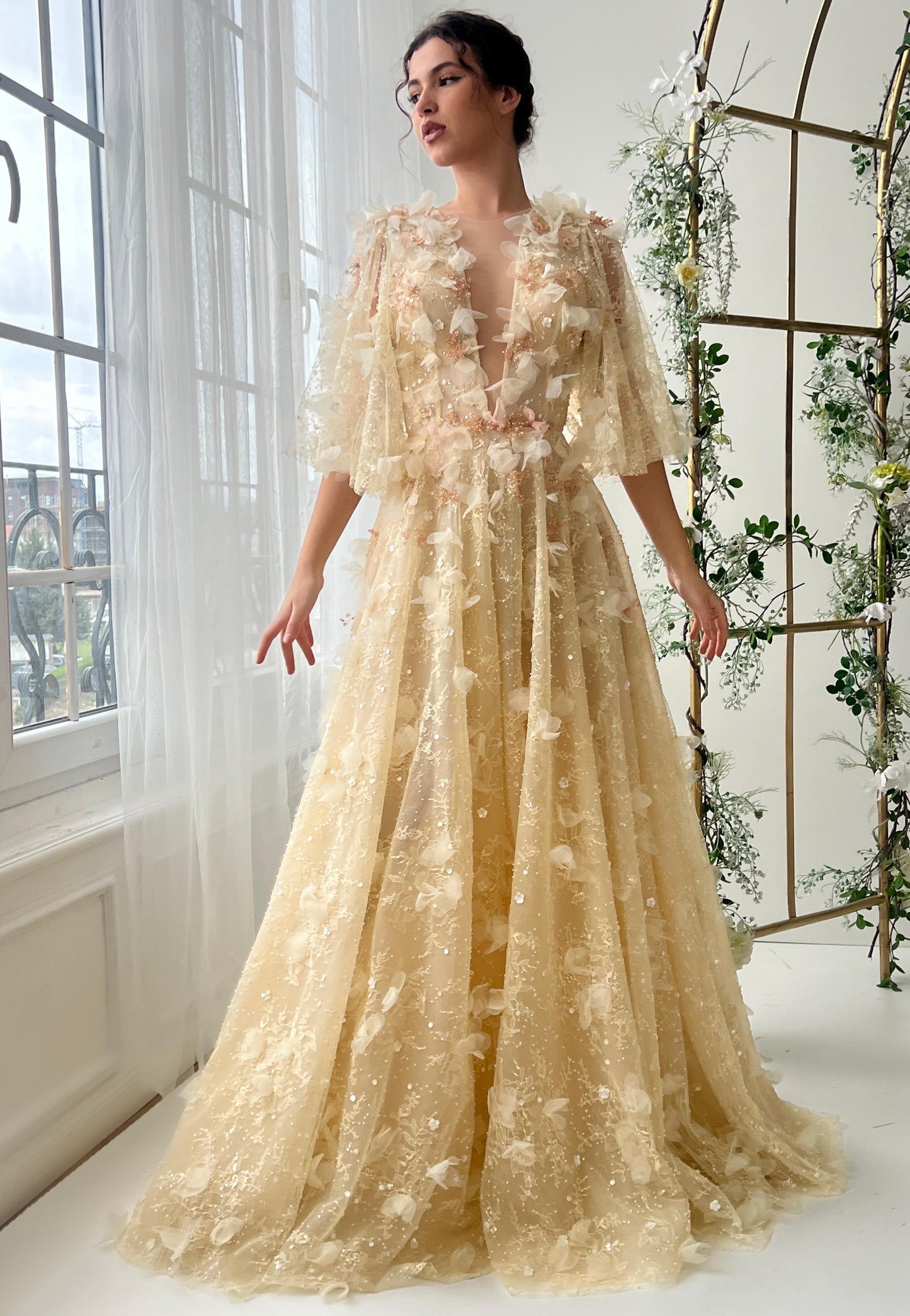 Beige A-Line dress with embroidery, v-neck and short sleeves