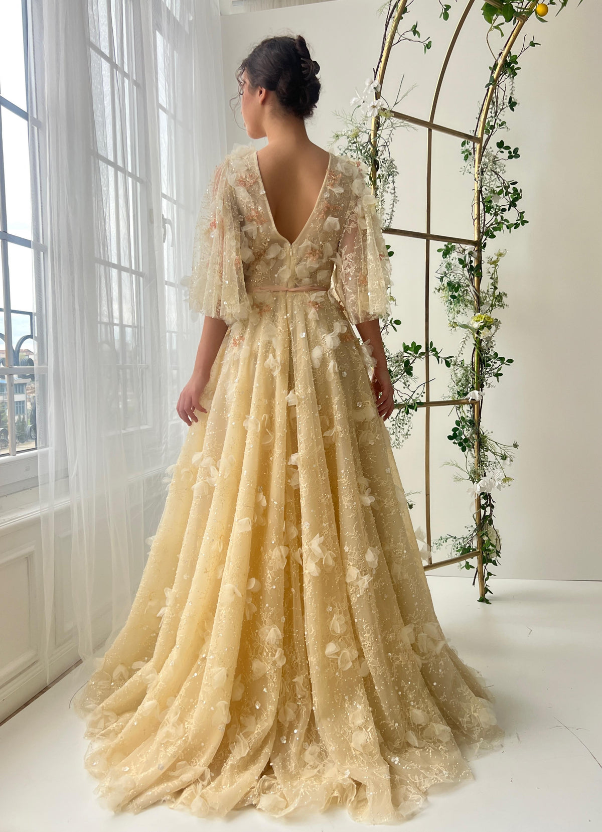 Beige A-Line dress with embroidery, v-neck and short sleeves