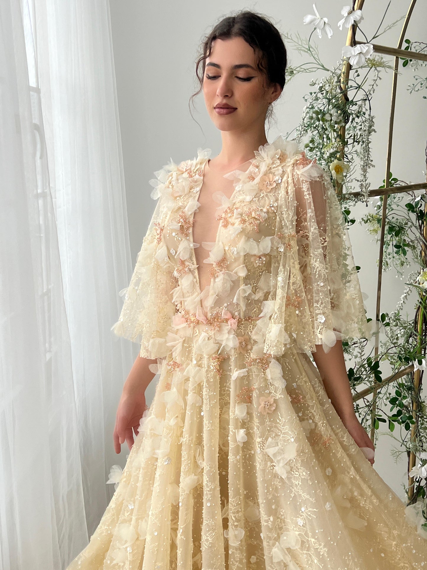 Beige A-Line dress with embroidery, v-neck and short sleeves