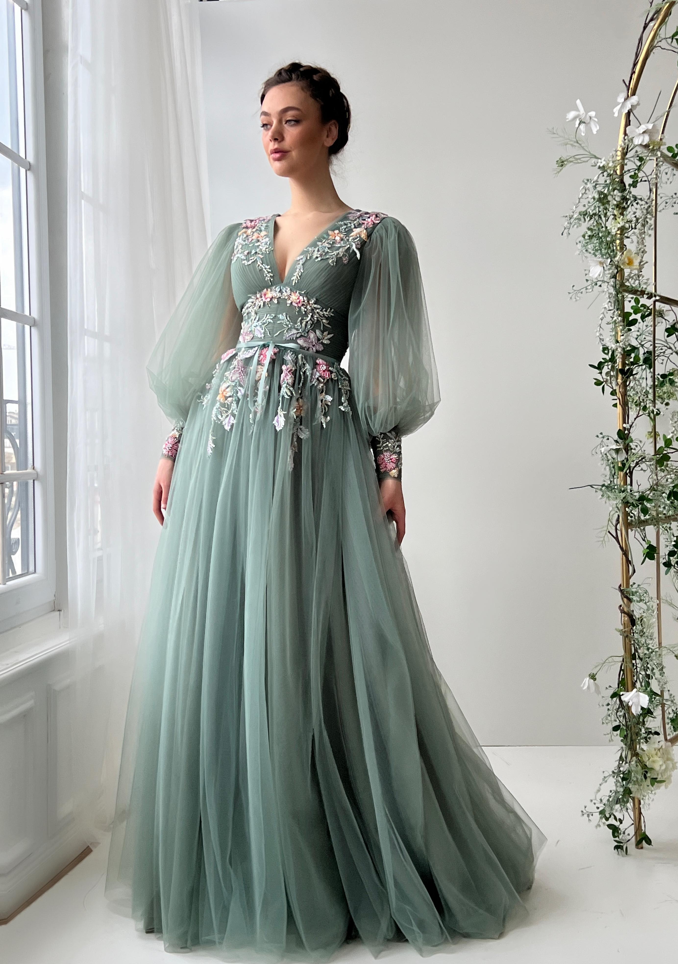 Green A-Line dress with v-neck, long sleeves and embroidery