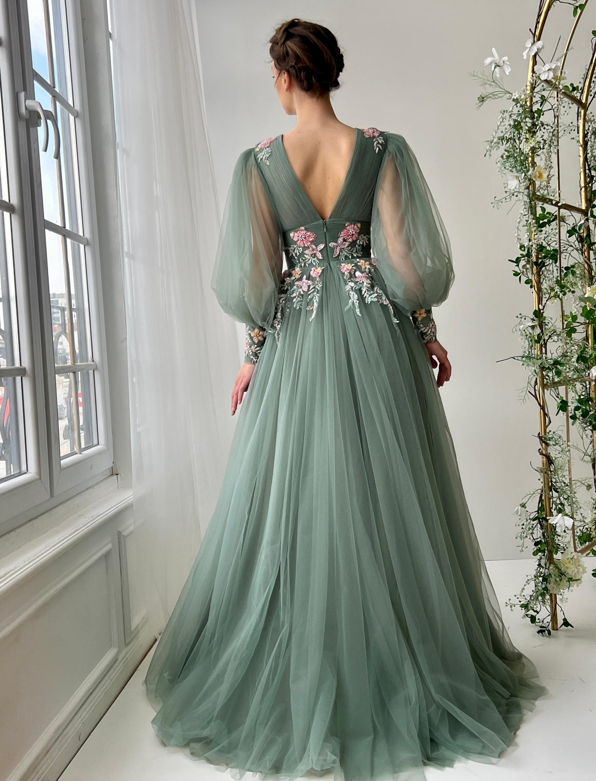 Green A-Line dress with v-neck, long sleeves and embroidery