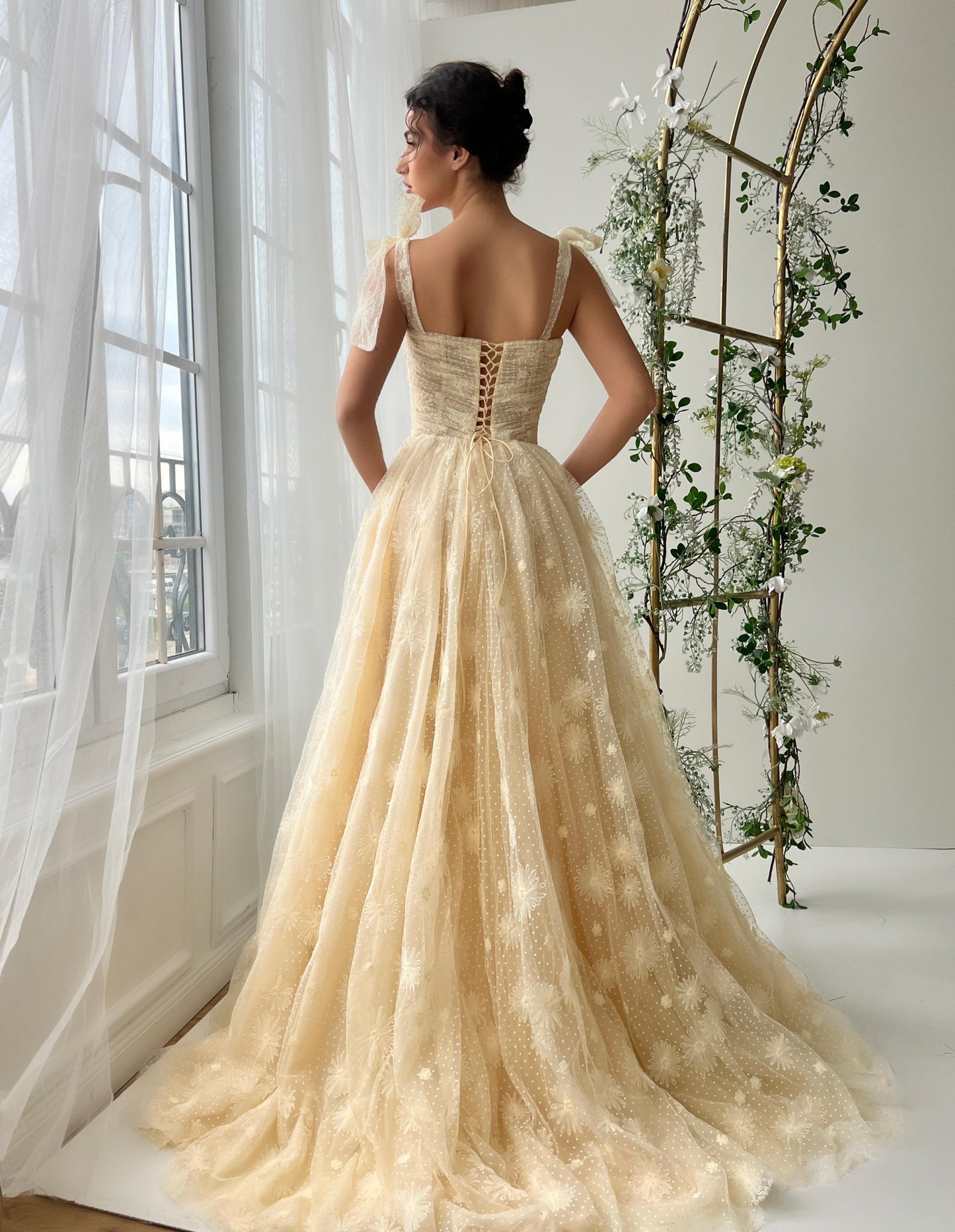 Beige A-Line dress with spaghetti straps and embroidery
