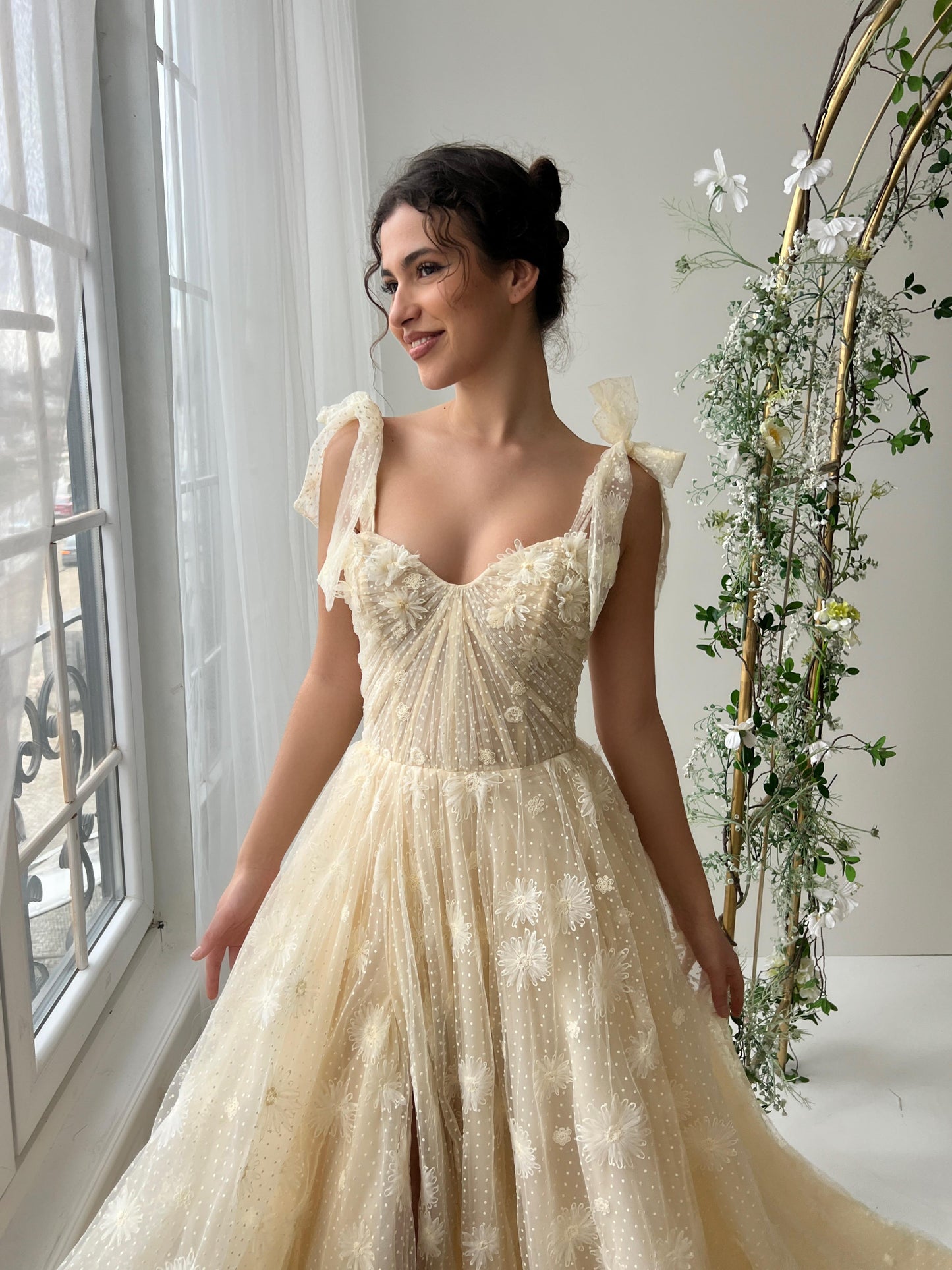 Beige A-Line dress with spaghetti straps and embroidery