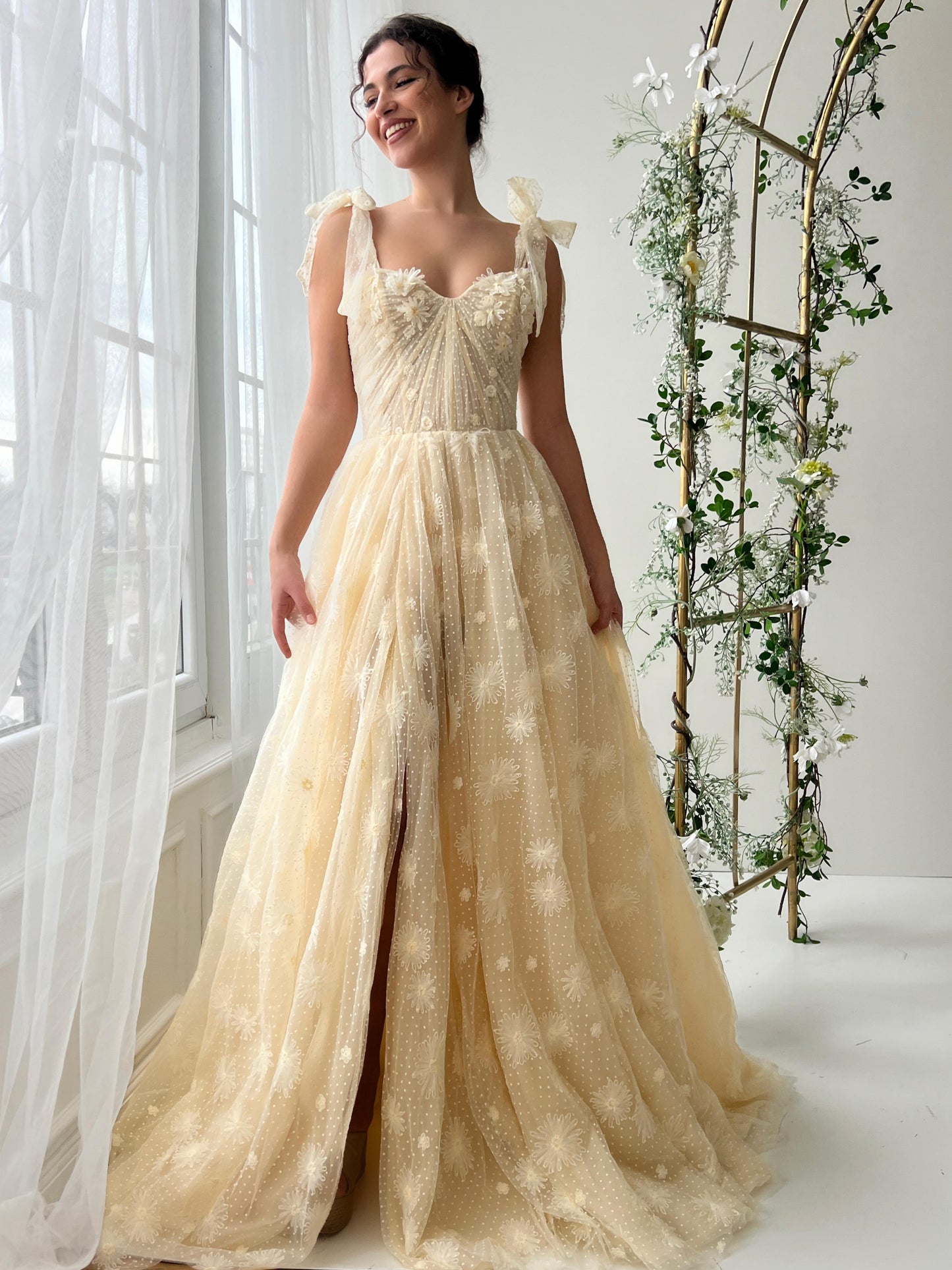 Beige A-Line dress with spaghetti straps and embroidery