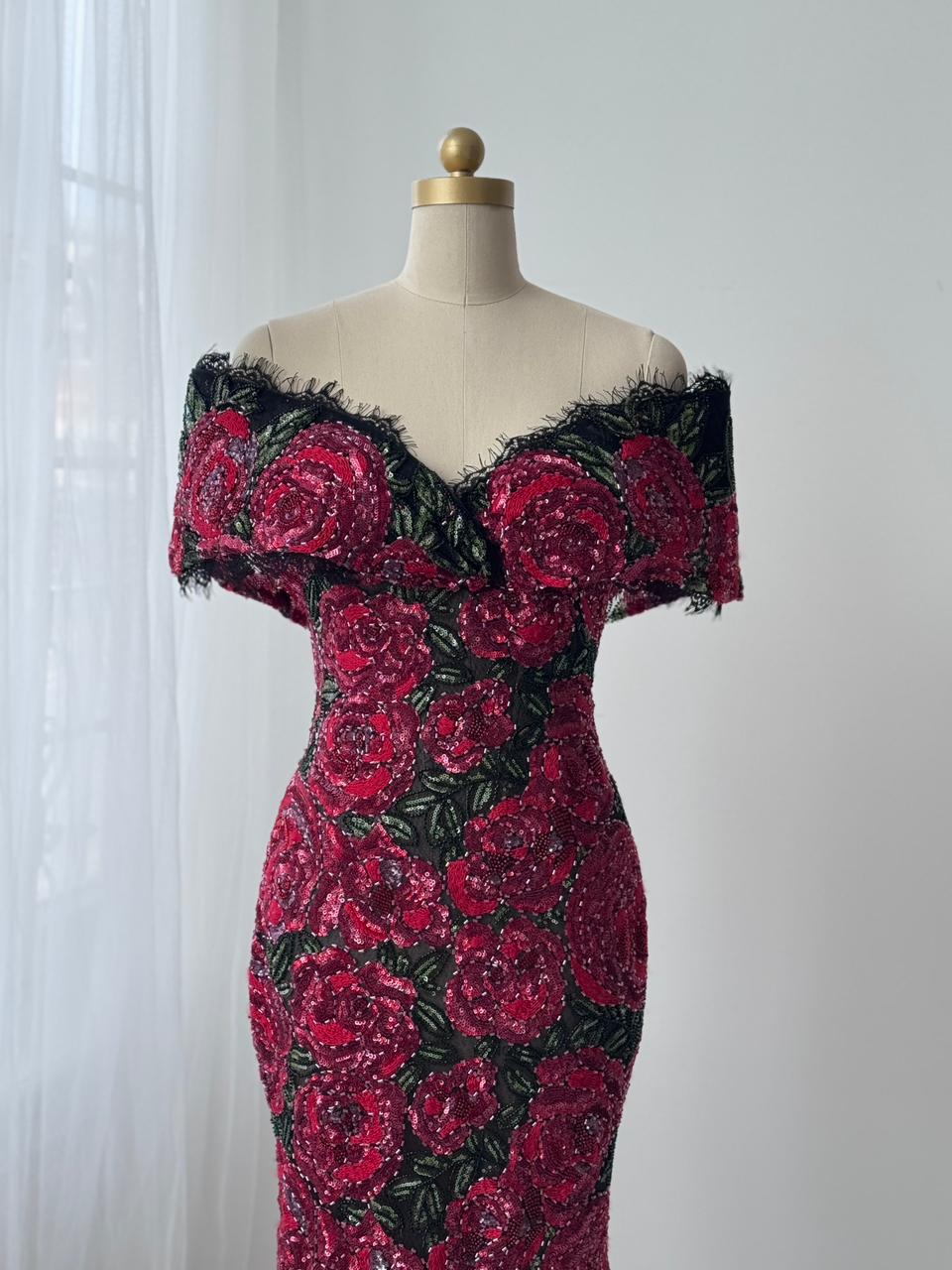 Red mermaid gown with embroidery and off the shoulder sleeves