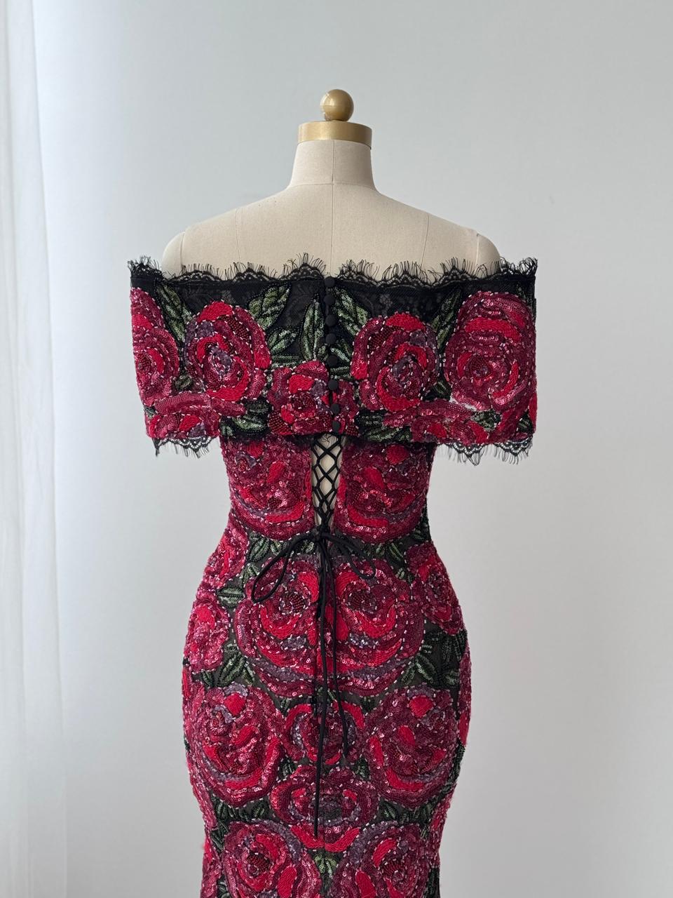 Red mermaid gown with embroidery and off the shoulder sleeves