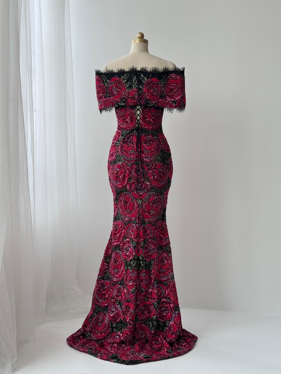 Red mermaid gown with embroidery and off the shoulder sleeves