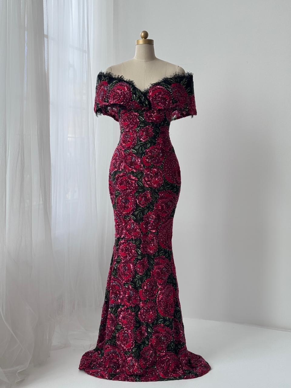 Red mermaid gown with embroidery and off the shoulder sleeves